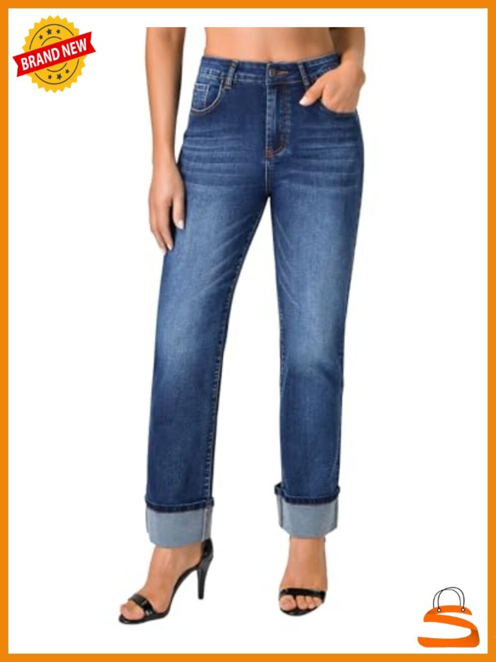 High Waisted Straight Leg Jeans Stretchy Denim Cuffed Pockets